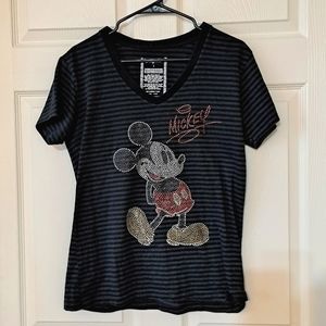 Disney Women's Large Mickey Mouse Stripe V Neck TShirt Organic Cotton Poly Blend